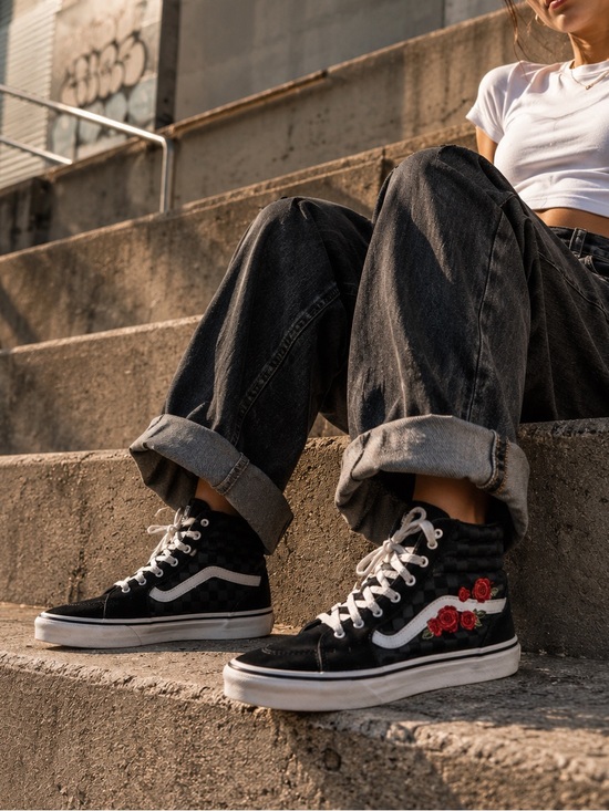 Vans Shoes - Vans SK8-Hi Checkerboard Rose Embroidery Black Skate High Top Sneaker Size 5.5